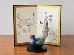 鳥の置物「万葉集に詠まれた鳥 雉（きじ）」 / キジのフィギュアと屏風のセット